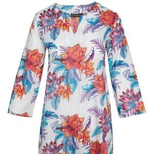 KIKISOL Tunic Top Medium Beach Coverup Cotton White Tropical Floral